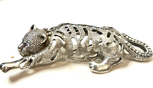 Broche prendedor vintage de diseño de tigre gateador trabajo abierto cristales tono plata ojos - Imagen 8 de 10