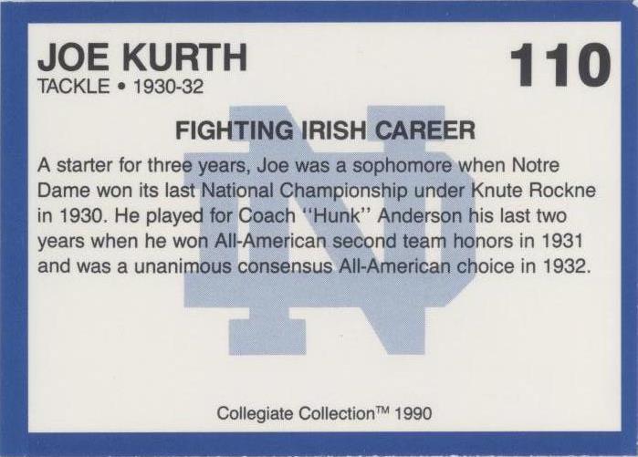 1990 Collegiate Collection University of Notre Dame Joe Kurth #110
