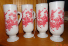 Vintage Milk Glass With Red Toile Design Footed Demitasse Cups Set of 4 Avon