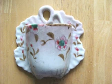 ANTIQUE PORCELAIN WALL HOLY WATER FONT OR MATCH HOLDER 3 1/2" H