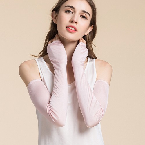 Women Silk Sun UV Protection Arm Sleeves Gloves Long Fingerless Outdoor Gloves - Picture 3 of 18