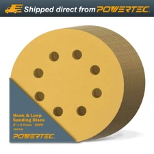 POWERTEC 44012G-50 5 Inch 8 Hole Hook and Loop Sanding Discs, 120 Grit, 50 PK