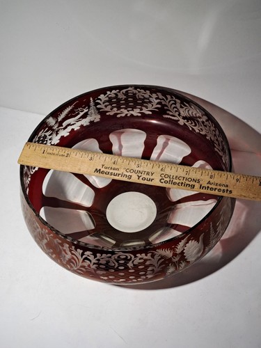 VINTAGE BOHEMIAN GLASS ETCHED CRANBERRY CLEAR FRUIT BOWL 8.5" GRANNY CORE - Picture 6 of 9