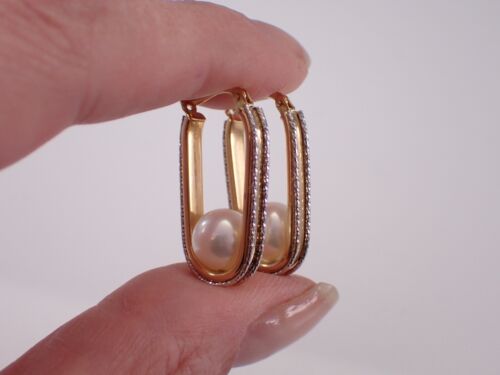 14k Yellow Gold Pearl Hoop Earrings Unique Fine Jewelry Gift - Picture 5 of 6
