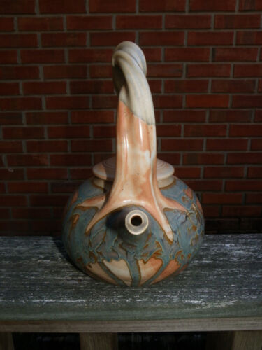 10" Handcrafted Pottery Teapot-Art Deco Sun Design-Teal Peach-Susan Balentine - Picture 2 of 11