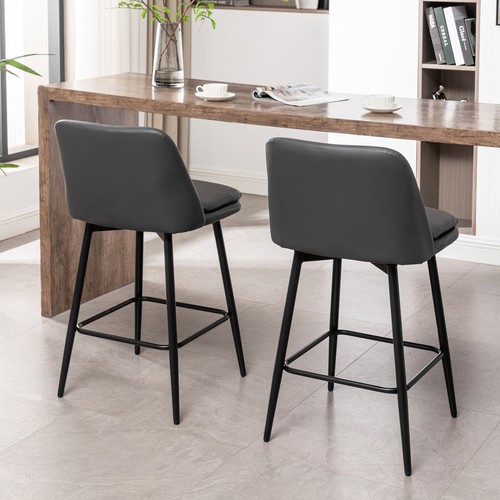 2 Set 25.6" Counter Height PU Leather Swivel Bar Stools Kitchen Pub Chairs Gray - Picture 4 of 9