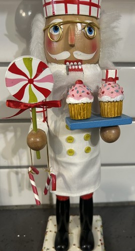 Peppermint Cupcake Chef Nutcracker Candy Lane Wooden Christmas 14” Pink White - Picture 3 of 8