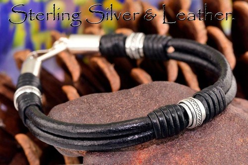 HANDMADE Genuine Sterling Silver & Leather New Wristband Men Bracelet 4B-052 - Bild 3 von 5