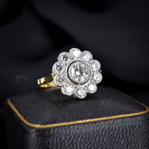 1.85ct Diamond Daisy Cluster Halo 18ct Gold and Platinum Ring | Antique Style