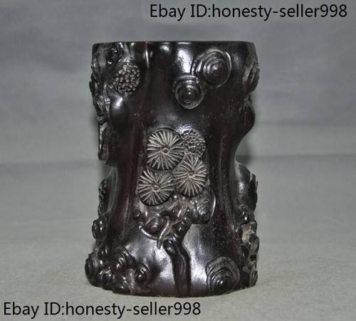 6.4'' China dynasty black Rosewood Wood Carved pine brush pot pencil vase statue - Picture 7 of 9