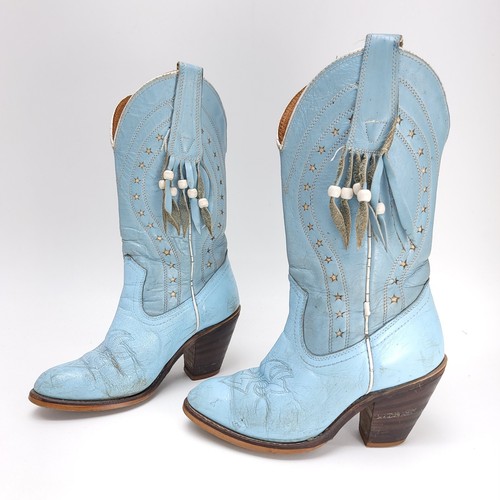 Vintage 70s Miss Capezio Beaded Tassel Blue Cowgirl Boots Women's Size 6.5 M USA