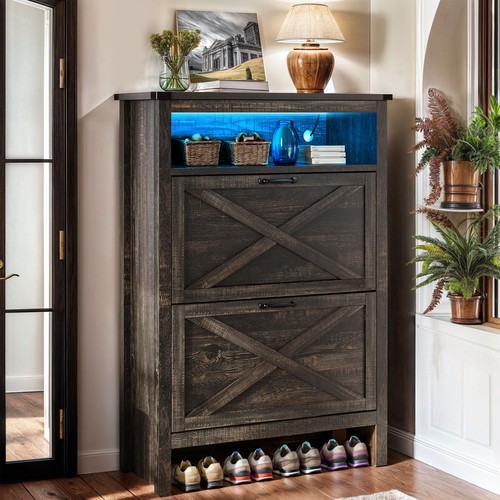 2 Flip LED Shoe Storage Cabinet Drawers Rustic Entryway Sneakers Rack Organizer - Picture 12 of 12