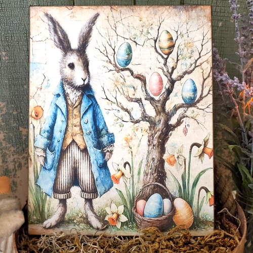 EASTER EGG TREE BUNNY PRIMITIVE VINTAGE STYLE CANVAS HANDCRAFTED SIGN PLAQUE - Picture 3 of 11