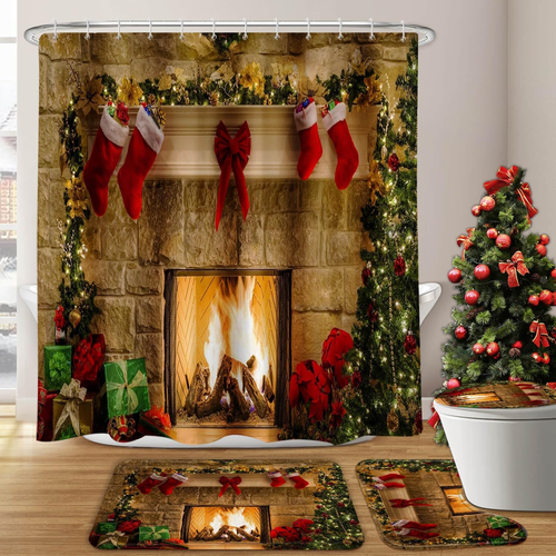 Red Christmas Shower Curtain Set, 4Pics Bathroom Decor with Rugs, Xmas Tree Fire