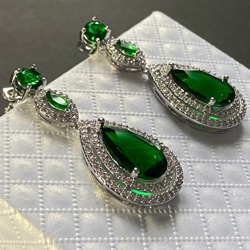 7CTW Lab-Created Green Emerald Wedding Chandelier Earrings 18k White Gold Plated - Picture 7 of 12