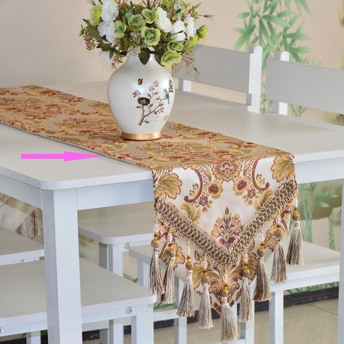 Retro Jacquard Table Runner Tassel Bead Baroque Tablecloth Party Home Decor - Picture 2 of 15