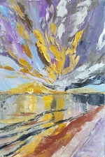 Original oil on canvas painting mountain landscape  blossom fields 8x12" OOAK