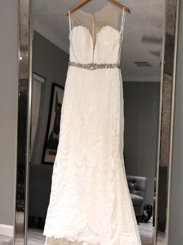 Ashley & Justin 10604 Wedding Dress 10 White & Nude Illusion Sequins Mermaid - Picture 5 of 17