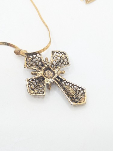 Vintage Monet Cross Chunky Necklace Flower Ceramic Gold Bronze Long Layering - Picture 6 of 7