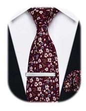 Cotton Floral Tie for Men 2.5" Skinny Necktie Pocket Square Clip Set Wedding