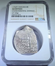 NGC AU 1754 Spanish Bolivia Silver 8 Reales Two Dates 1700s Colonial Cob 8R Coin