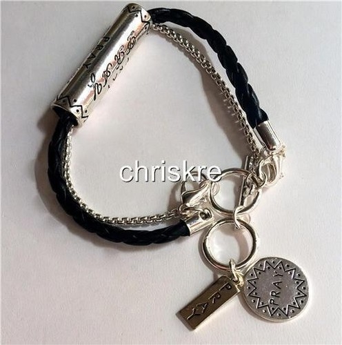 PRAY Message Bracelet Prayer Leather Black Faith Inspirational 8" Silver Plated - Picture 3 of 7