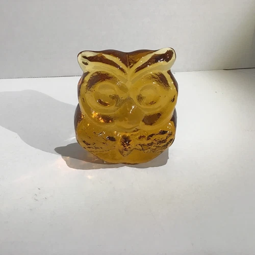Blenko Glass owl  Handcrafted Art Glass Vintage USA Amber 3” Tall EXC