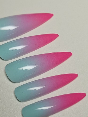 Custom Gel Press on Nails fake nails Handmade 10 pc set MEDIUM neon pink ombre - Picture 6 of 12