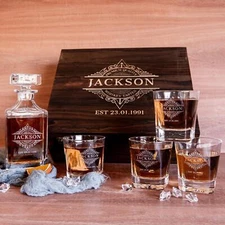 Engraved Wooden Gift Boxed Whiskey Decanter & 4 Scotch Glasses Set
