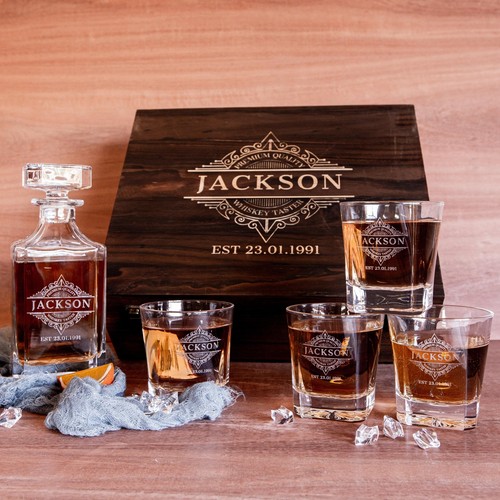Juego de jarra de whisky y 4 vasos escoceses de madera grabados en caja de regalo - Imagen 12 de 53