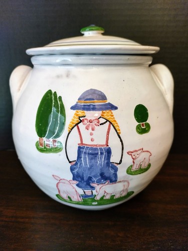 Handmade Art Pottery Cookie Jar 8" Whimsical Farmhouse Themed Made In Portugal - Picture 2 of 12