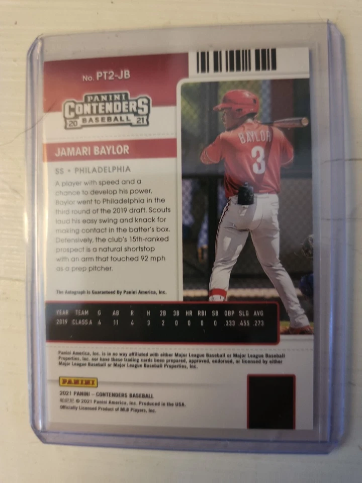 2021 Panini Contenders Baseball JAMARI BAYLOR prospect auto-13/99-Phillies - Image 2 of 2