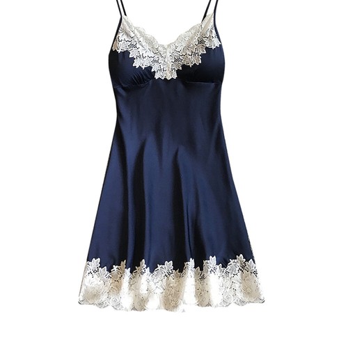 Damen Satin Nachtwäsche Nachtwäsche Nachthemd Sexy Spitze Blumen Dessous Brustpolster - Bild 14 von 36
