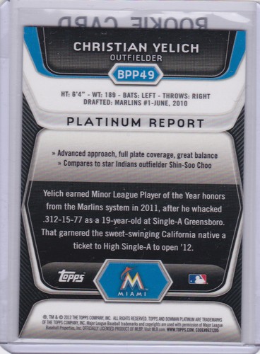 CHRISTIAN YELICH ROOKIE CARD 2012 Bowman Platinum RC Marlin Baseball BREWERS MVP - Picture 2 of 2