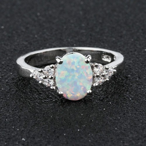 925 White Fire Opal Sterling Silver Gold Gemstone Jewelry Ring Size 6-10 w/ Box - Picture 3 of 22