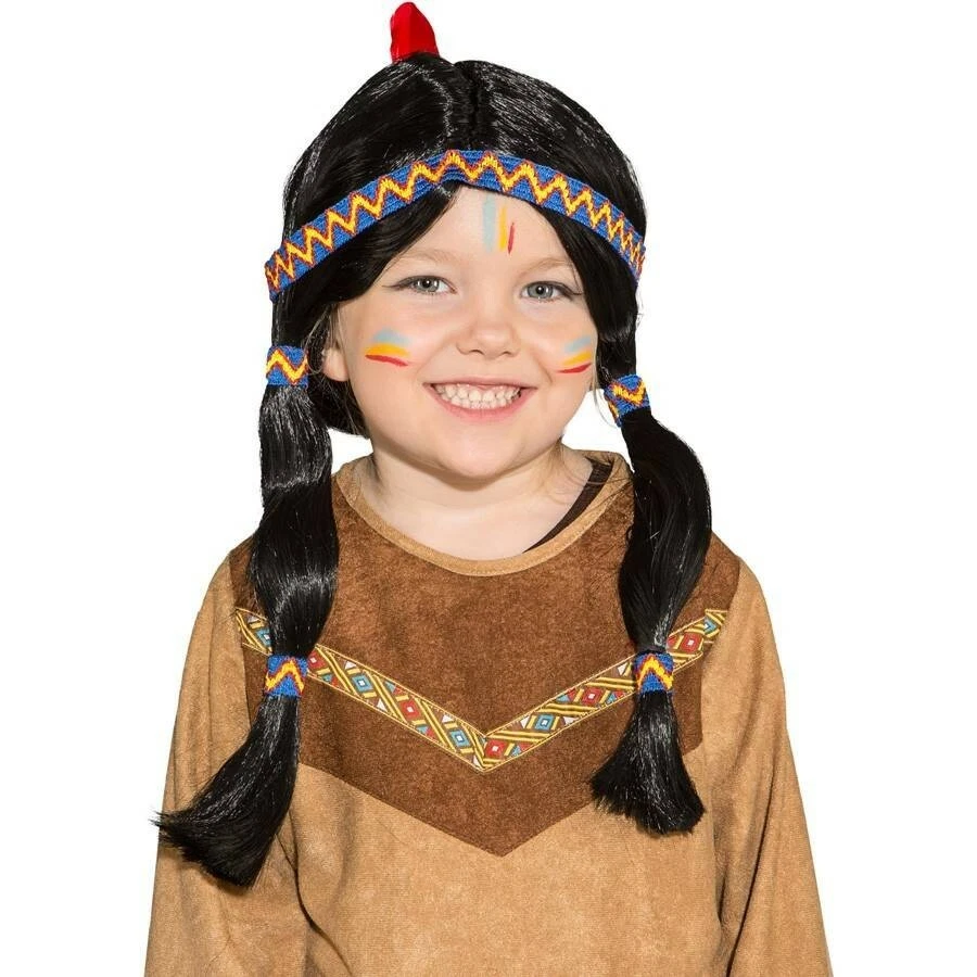 Indianer Perücke für Kinder mit Zöpfen Stirnband & Feder - Bild 1 von 1