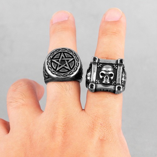 Gothic Skull Black Zircon Crystal Stainless Steel Men's Square Rings Skeleton - Picture 6 of 8