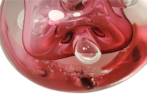 Vtg Jim Karg Art Glass Disk Paperweight Pink Cranberry Bubbles Handblown Signed - Picture 9 of 11