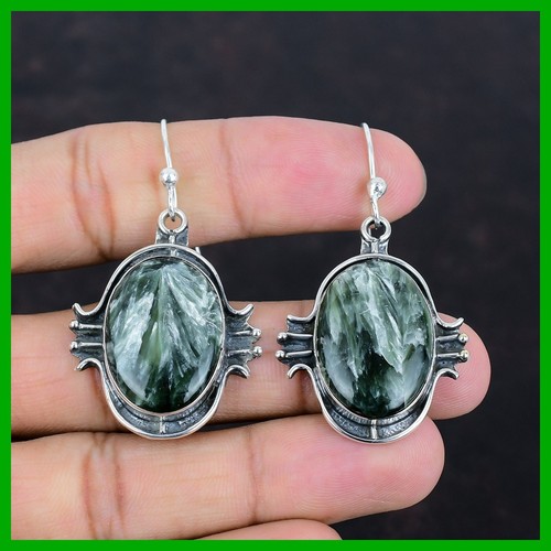 Sisters Day Deal 925 Silver Seraphinite Gemstone Dangle Drop Art Deco Earrings - Picture 3 of 7