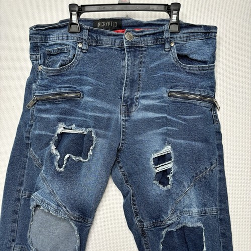 Encrypted Jeans Mens 36x32 Distressed Destroyed Patched Medium Wash - Picture 10 of 16