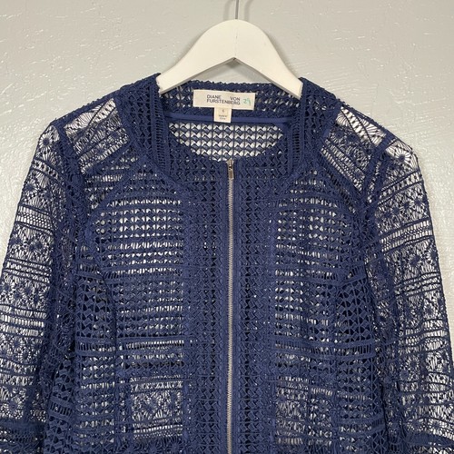 Diane Von Furstenberg Women 6 Navy Blue Arlette Lace Cropped Jacket Front Zip - Picture 3 of 8