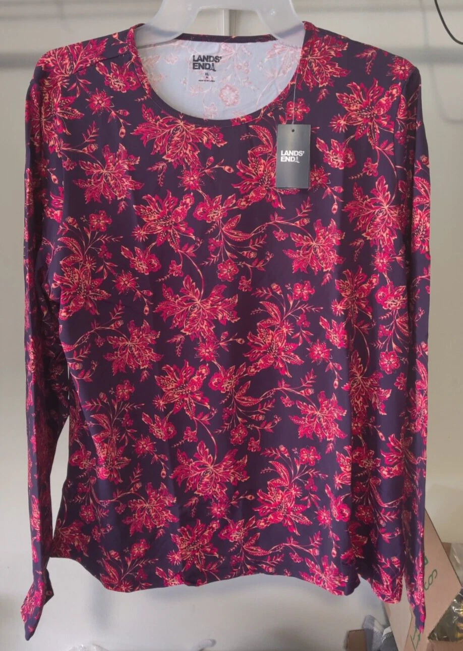 NWT Lands' End Women Long Sleve UPF50 Rashguard Blk/Red Jacobean XS-XL $60 4C715