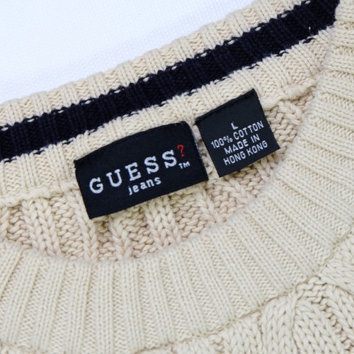 Rare Vintage GUESS JEANS Spell Out Fisherman’s Knit Pullover Sweater 90s Beige L - Picture 3 of 10