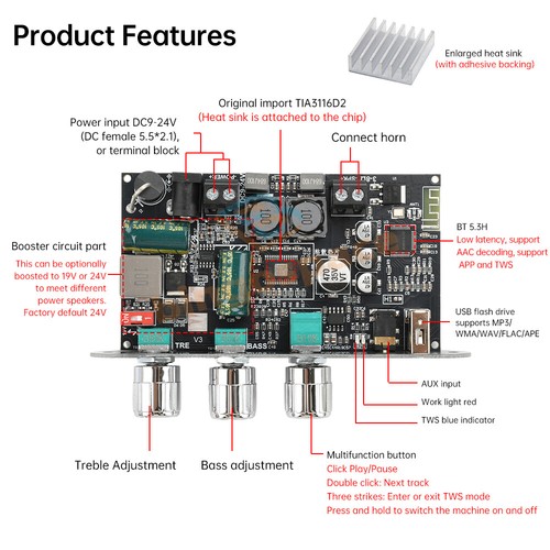 2x 100W Bluetooth 5.3 TPA3116D2 Mono Audio Power Amplifier Board TWS Mode APP - Picture 6 of 21