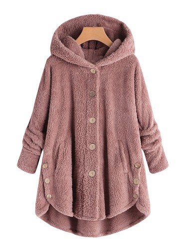 Women Hooded Faux Fur Coat Button Down Oversize Fuzzy Fleece Pullover Sweatshirt - Picture 7 of 19