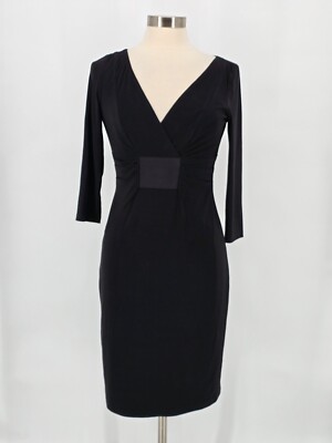 David Meister Sz 4 Black Dress V Neck 3/4 Sleeve Back Zip Slinky Knee Length