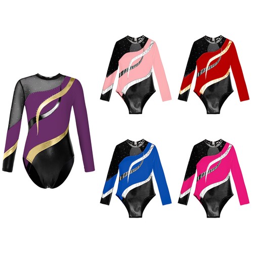 Kids Girls Unitards Rhinestone Decorated Jumpsuit Color Block Dance Leotards - Picture 2 of 58