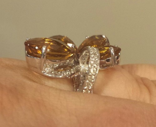 Sterling Silver SMOKY COGNAC QUARTZ & WHITE TOPAZ Ring, Size 7, Showstopper! - Picture 5 of 15