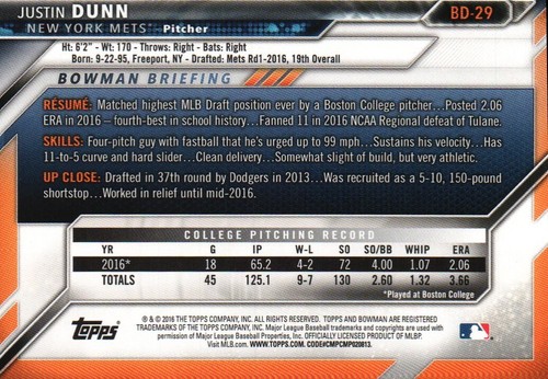 2016 Bowman Draft #BD-29 - Justin Dunn FBC - New York Mets 16-172 - Picture 2 of 2