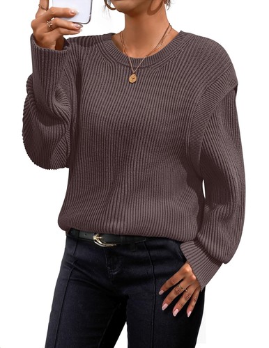 Womens Oversized Long Sleeve Crew Neck Sweaters Ribbed Knit Tops Casual Pullo...